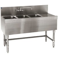 Eagle Group B4-3-R-24 Spec-Bar 48 inch x 24 inch 20 Gauge Three Bowl Stainless Steel Underbar Sink with 12 inch Right Drainboard