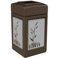 Commercial Zone 733962 42 Gallon Brown Square Trash Receptacle with Stainless Steel Cattail Panels