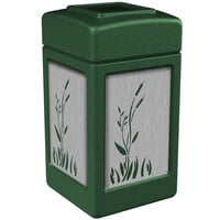 Commercial Zone 733960 42 Gallon Green Square Trash Receptacle with Stainless Steel Cattail Panels