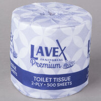 Lavex Janitorial 4 1/2" x 3 1/2" Premium Individually-Wrapped 2-Ply Standard 500 Sheet Toilet Paper Roll - 96/Case
