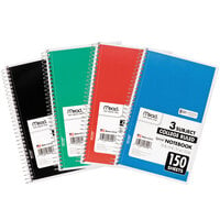 Mead 06900 5 1/2 inch x 9 1/2 inch Assorted Color College Rule 3 Subject Spiral Bound Notebook - 150 Sheets