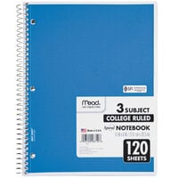 Mead 06710 11" x 8" Assorted Color College Rule 3 Subject Spiral Bound Notebook - 120 Sheets