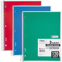 Mead 06710 11 inch x 8 inch Assorted Color College Rule 3 Subject Spiral Bound Notebook - 120 Sheets