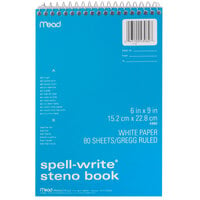 Mead 43082 6 inch x 9 inch White Gregg Rule Spell-Write Spiral Steno Book - 80 Sheets