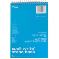 Mead 43082 6" x 9" White Gregg Rule Spell-Write Spiral Steno Book - 80 Sheets