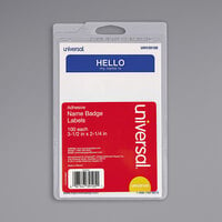 Universal UNV39105 2 1/4" x 3 1/2" White "Hello" Write-On Self-Adhesive Name Badge with Blue Border - 100/Pack