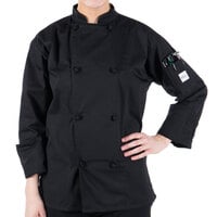 Mercer Culinary Genesis® M61020 Unisex Lightweight Black Customizable Traditional Neck Long Sleeve Chef Jacket with Cloth Knot Buttons