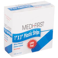 Medique 67133 Medi-First 1 inch x 3 inch Blue Plastic Adhesive Strip Bandage - 100/Box
