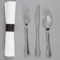 WNA Comet REFROLL3 Reflections 17" x 17" Linen-Feel White Napkin and Stainless Steel Look Heavy Weight Plastic Cutlery Set - 120/Case