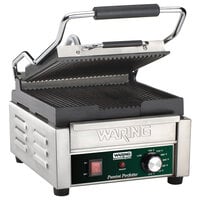 Waring WPG150B Panini Perfetto Grooved Top & Bottom Panini Sandwich Grill - 9 3/4 inch x 9 1/4 inch Cooking Surface - 208V, 2392W