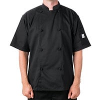 Mercer Culinary Genesis® M61022 Unisex Lightweight Black Customizable Traditional Neck Short Sleeve Chef Jacket with Cloth Knot Buttons