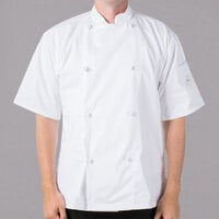 Mercer Culinary Genesis® M61022 Unisex White Customizable Traditional Neck Short Sleeve Chef Jacket with Cloth Knot Buttons