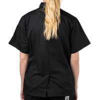 Mercer Culinary Genesis® M61042 Women's Black Customizable Short Sleeve Chef Jacket with Cloth Knot Buttons - S