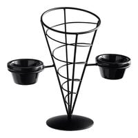 Tablecraft ACR259 Vertigo Round Black Appetizer Wire Cone Basket with 2 Ramekins - 5" x 9"