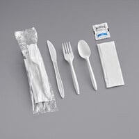 Choice White Medium Weight Wrapped Plastic Cutlery Pack with Napkin and Salt / Pepper Packets - 250/Case