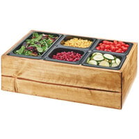 Cal-Mil 3585-99 Madera Rustic Pine Salad Station with Clear Ice Liner and 5 Black Pans - 22 inch x 14 inch x 7 inch