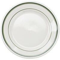 Tuxton TGB-009 Green Bay 9 5/8" Eggshell Wide Rim Rolled Edge China Plate with Green Bands - 24/Case