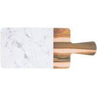 Elite Global Solutions M127RCM Sierra 12" x 7" Faux Hickory Wood and Carrara Marble Rectangular Serving Board with Handle