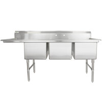 Regency 78 1/2 inch 16-Gauge Stainless Steel Three Compartment Commercial Sink with 1 Drainboard - 18 inch x 24 inch x 14 inch Bowls - Left Drainboard