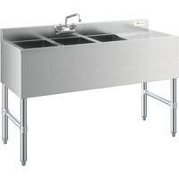 Regency 3 Bowl Underbar Sink with Drainboard and Faucet - 48 inch x 18 3/4 inch - Right Drainboard