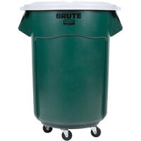 Rubbermaid BRUTE 55 Gallon Green Round Recycle / Trash Can with White Lid and Dolly