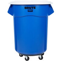 Rubbermaid BRUTE 55 Gallon Blue Round Recycle / Trash Can with White Lid and Dolly