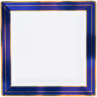 Fineline 5507-WHBG Silver Splendor 7 1/4 inch Square White Plastic Plate with Blue Rim and Gold Bands - 10/Pack
