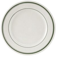 Tuxton TGB-031 Green Bay 6 1/4" Eggshell Wide Rim Rolled Edge China Plate with Green Bands - 36/Case