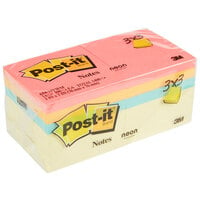 3M 654-14YWM Post-It® 3 inch x 3 inch 100 Sheet Sticky Note Pad, Canary Yellow and Neon Color Assortment - 14/Pack