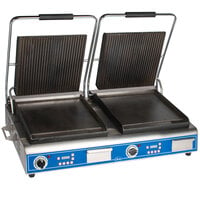 Globe GPGSDUE14D Deluxe Double Panini Grill with Grooved Tops and Smooth Bottoms - 208/240V, 5400/7200W