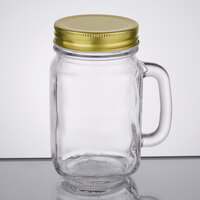 Acopa Rustic Charm 16 oz. Drinking Jar / Mason Jar with Handle and Gold Metal Lid - 12/Case