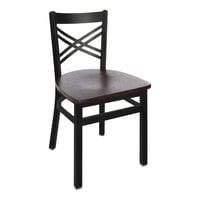 BFM Seating Akrin Sand Black Steel Side Chair with Cross Steel Back and Walnut Wooden Seat
