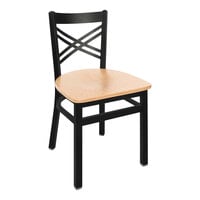 BFM Seating Akrin Sand Black Steel Side Chair with Cross Steel Back and Natural Ash Wooden Seat
