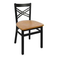BFM Seating Akrin Sand Black Steel Side Chair with Cross Steel Back and Cherry Wooden Seat