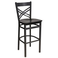 BFM Seating 2130BBLW-SB Akrin Sand Black Steel Bar Height Chair with Cross Steel Back and Black Wooden Seat