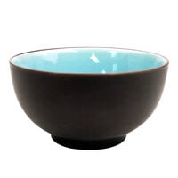 CAC 666-4-BLU Japanese Style 4 3/4 inch Stoneware Rice Bowl - Black Non-Glare Glaze Exterior / Lake Water Blue Interior - 36/Case