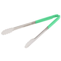 Vollrath 4781670 Jacob's Pride 16 inch Stainless Steel Scalloped Tongs with Green Coated Kool Touch® Handle