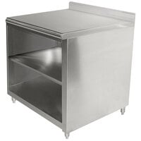 Advance Tabco EK-SS-243M 24" x 36" 14 Gauge Open Front Cabinet Base Work Table with Fixed Midshelf and 5" Backsplash