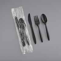 Choice Medium Weight Black Wrapped Plastic Cutlery Set with Knife, Fork, and Spoon - 50/Pack