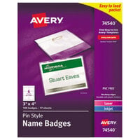 Avery® 74540 4 inch x 3 inch White Horizontal Laser / Ink Jet Name Badge and Top-Loading Pin Holders - 100/Box