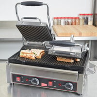 Cecilware SG2LG Double Panini Sandwich Grill with Grooved Grill Surfaces - 14 1/2 inch x 9 inch Cooking Surface - 240V, 3200W
