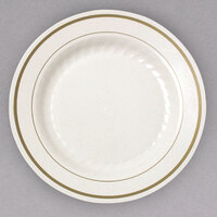 WNA Comet MP75IPREM 7 1/2 inch Ivory Masterpiece Plastic Plate with Gold Accent Bands - 15/Pack