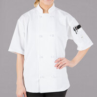 Mercer Culinary Millennia® Unisex White Customizable Short Sleeve Cook Jacket with Cloth Knot Buttons M60014WH - S