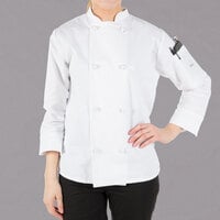 Mercer Culinary Millennia® Women's White Customizable Long Sleeve Cook Jacket with Cloth Knot Buttons M60022WH - L