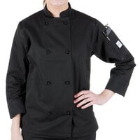 Mercer Culinary Millennia® Women's Black Customizable Long Sleeve Cook Jacket with Cloth Knot Buttons M60022BK - L