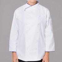 Mercer Culinary Renaissance® Women's Lightweight White Executive Customizable Long Sleeve Chef Jacket with Royal Blue Piping M62050WRB - XL