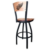 Holland Bar Stool L03830BWMedMplADetRedMedMpl Black Steel Detroit Red Wings Laser Engraved Bar Height Swivel Chair with Maple Back and Seat