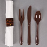 Hoffmaster 119975 CaterWrap 17 inch x 17 inch Pre-Rolled Earthtone Linen-Like White Napkin and Brown Heavy Weight Plastic Cutlery Set - 100/Case