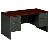 HON 38180NS 38000 Series 72 inch x 36 inch x 29 1/2 inch Mahogany/Charcoal Metal 3/4 Height Double Pedestal Desk