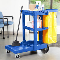Rubbermaid FG617388BLUE Blue 3 Shelf Janitor Cart with Vinyl Zippered Bag